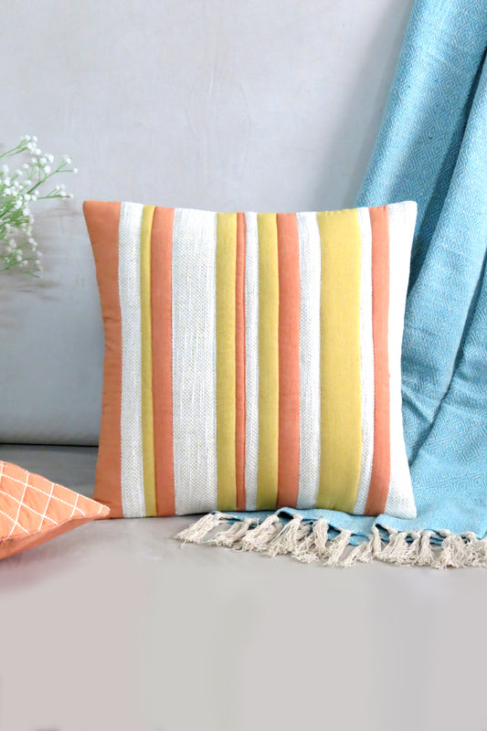 Peach and Yellow Fabric Panels Cotton Cushion Cover 16x16 Inches