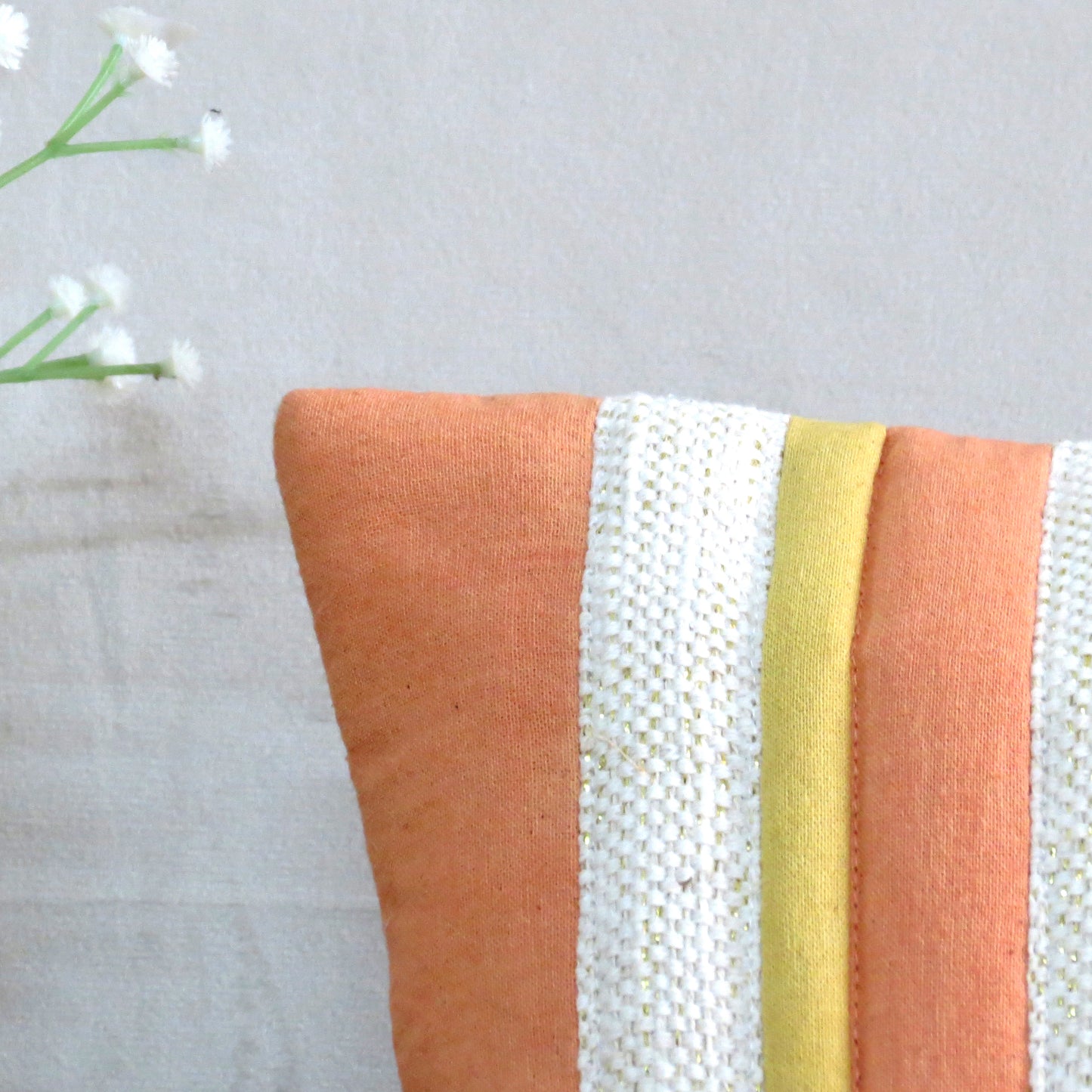 Peach and Yellow Fabric Panels Cotton Cushion Cover 16x16 Inches