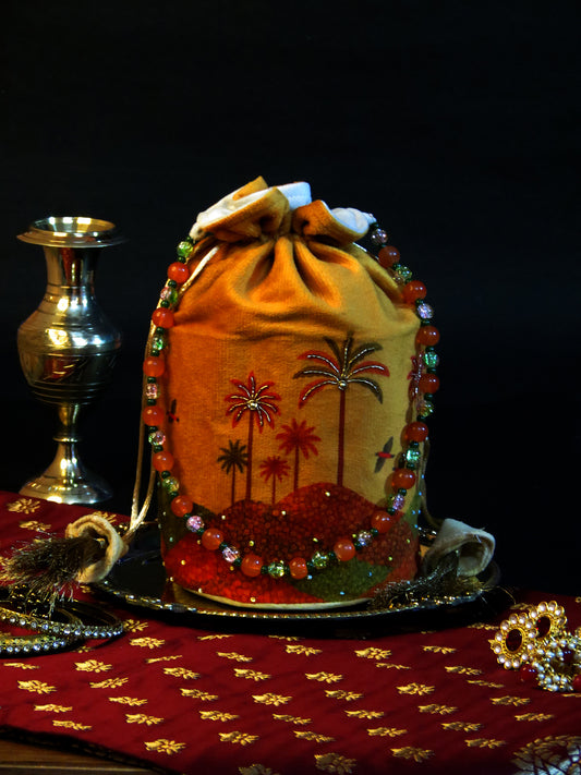 Sunset Orange Velvet Potli Bag with Beaded Handle and Palm Embroidery
