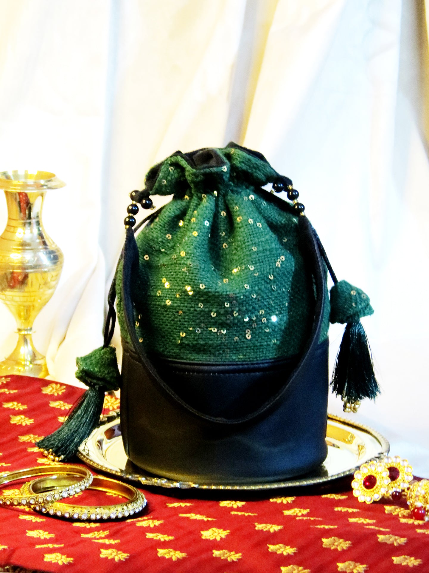 Emerald Green Sequin Potli Bag with Tassels | Festive & Wedding Handbag for Women