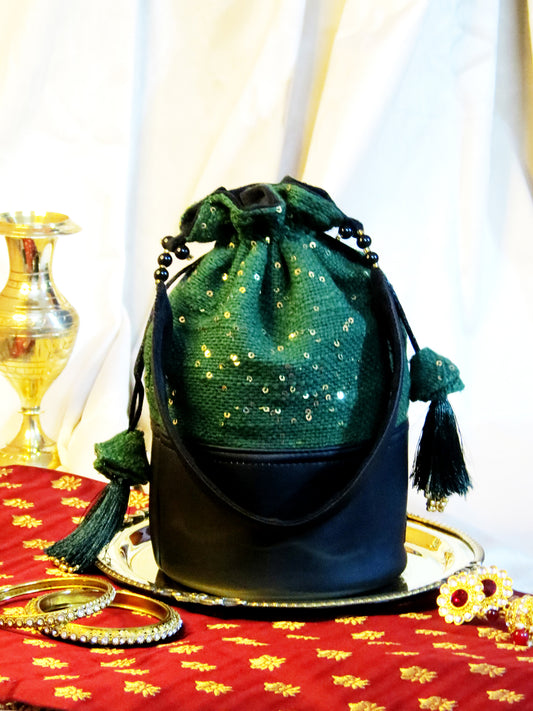 Emerald Green Sequin Potli Bag with Tassels | Festive & Wedding Handbag for Women