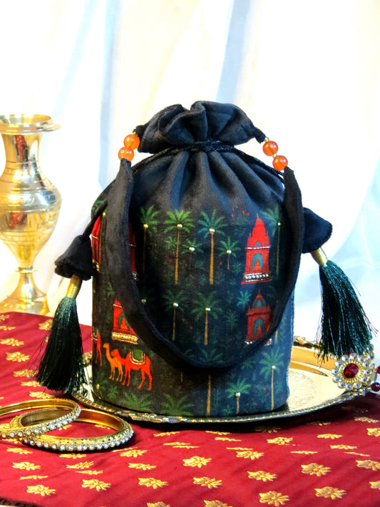 Luxury Rajasthan Potli Bag for Women - Printed and Hand-Embroidered