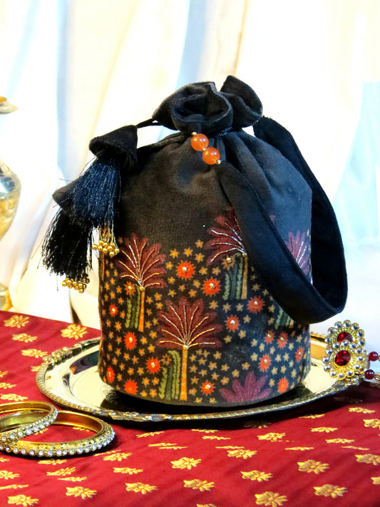 Luxury Black Velvet Potli Bag with Handcrafted Midnight Bloom