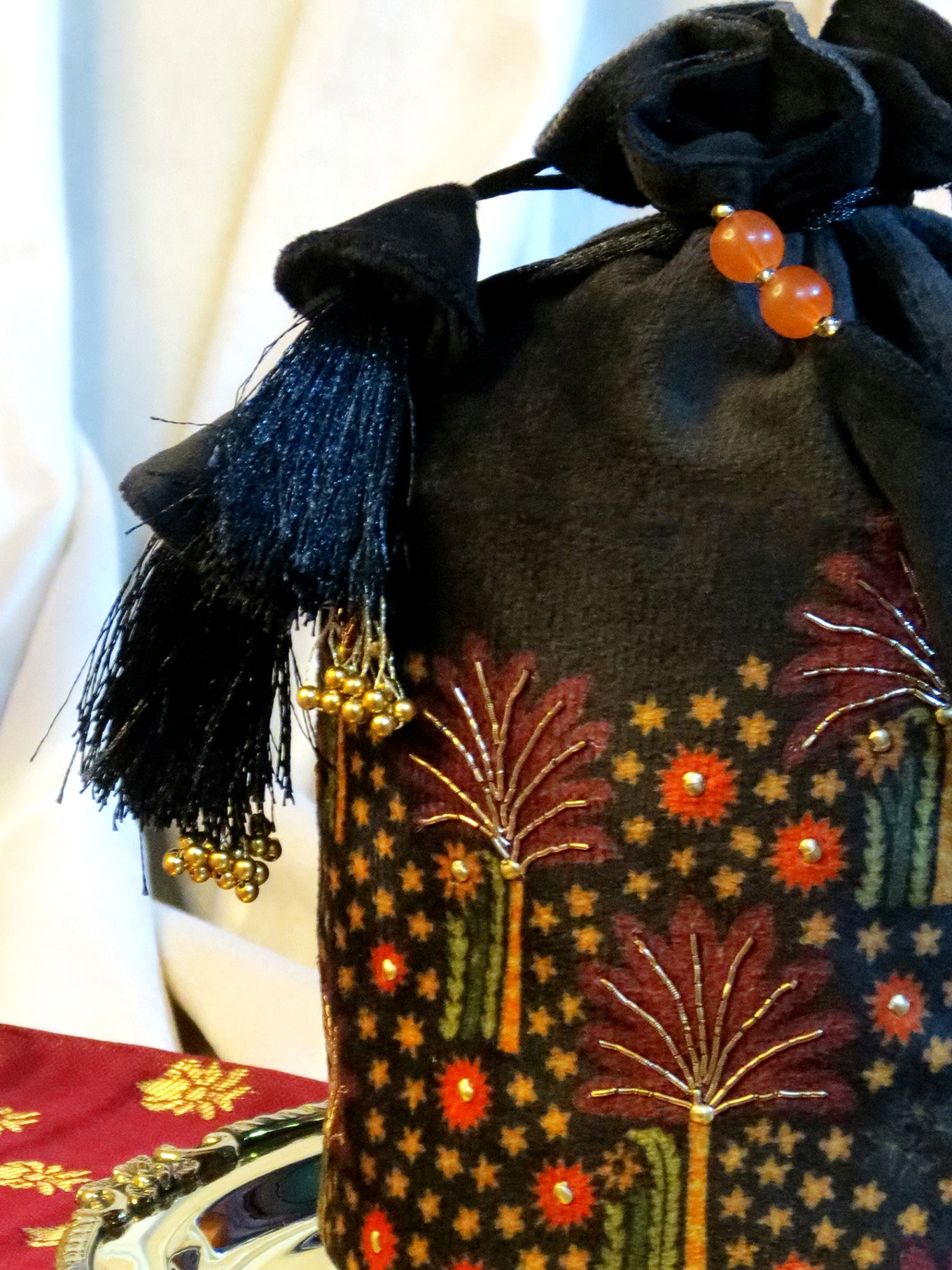 Luxury Black Velvet Potli Bag with Handcrafted Midnight Bloom