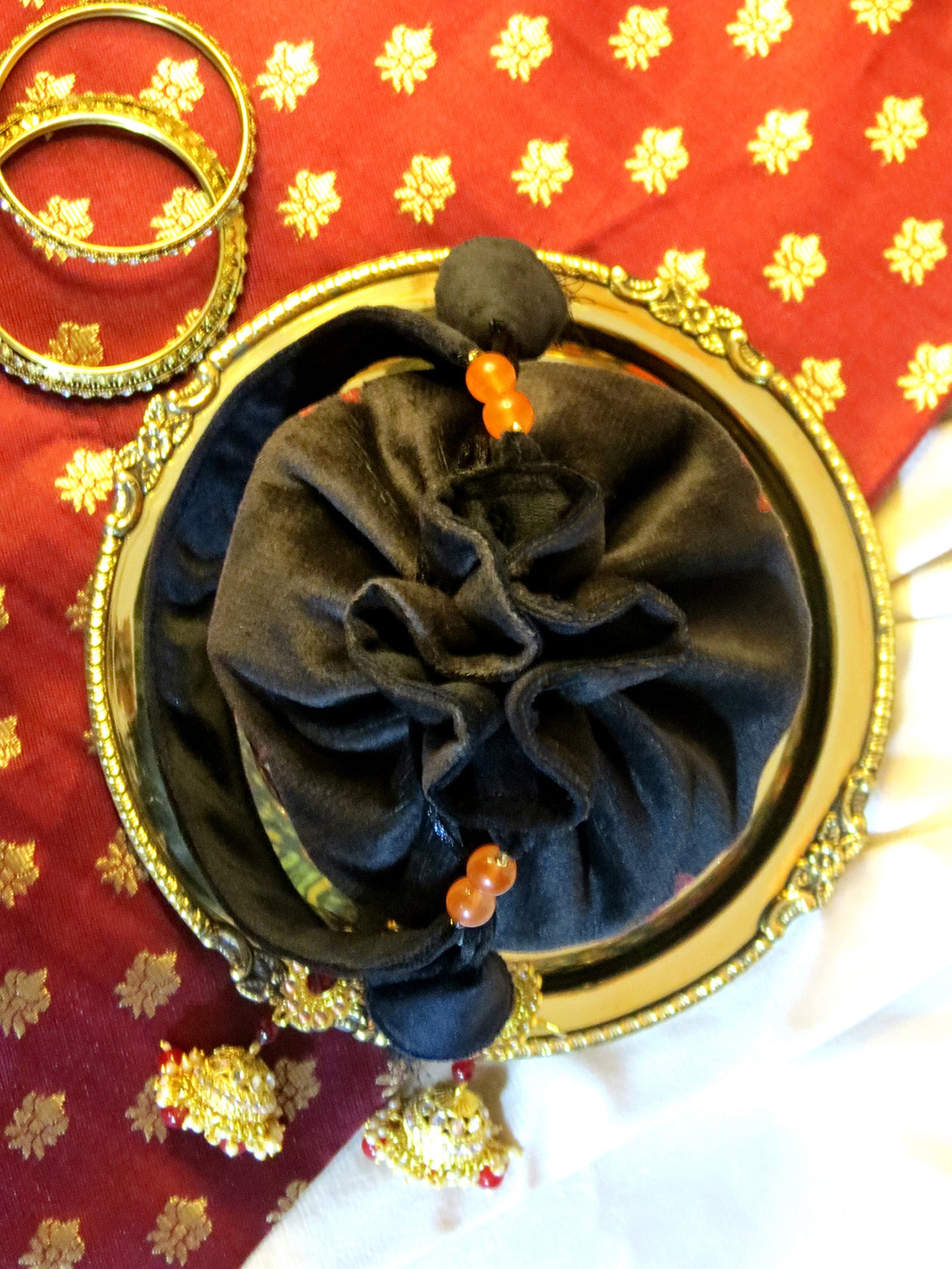 Luxury Black Velvet Potli Bag with Handcrafted Midnight Bloom