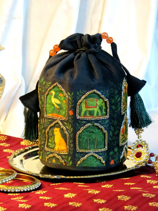 Printed and Hand-Embroidered Jharokha Majesty Potli Bag On Black Velvet