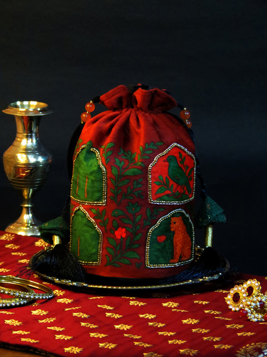 Maroon Velvet Gulnaar Jharokha Potli Bag Printed and Hand-Embroidered