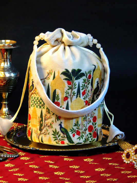 Luxury Velvet Potli Bag with Handcrafted Botanical Garden Design