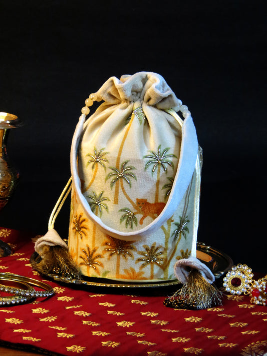 Velvet Potli Bag with Palm Tree & Leopard Embroidery – Ivory Base