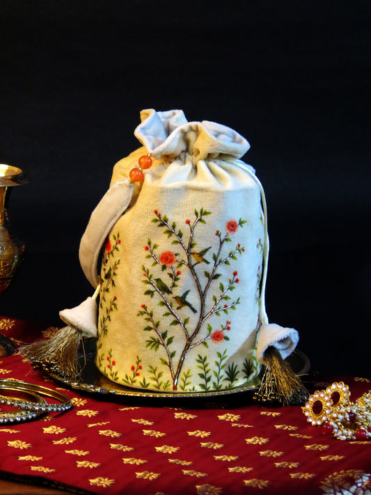 Off-White Velvet Potli Bag with Pink and Green Floral Printed Handwork