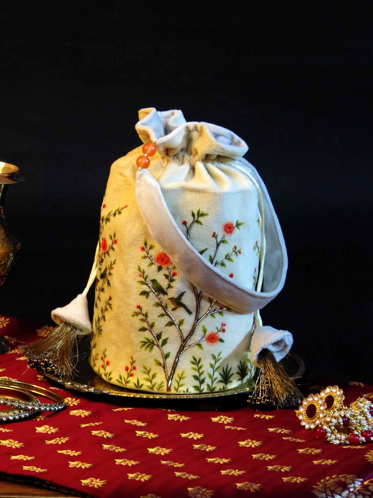 Off-White Velvet Potli Bag with Pink and Green Floral Printed Handwork