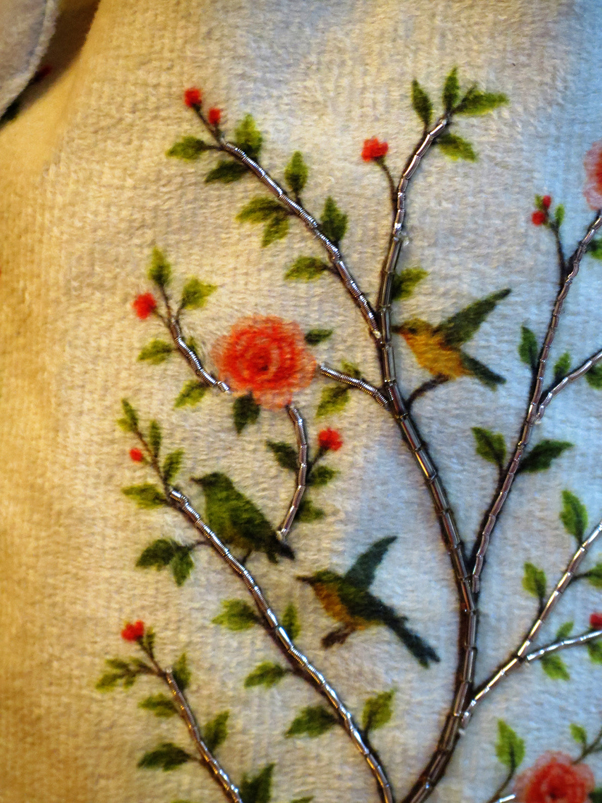 Off-White Velvet Potli Bag with Pink and Green Floral Printed Handwork