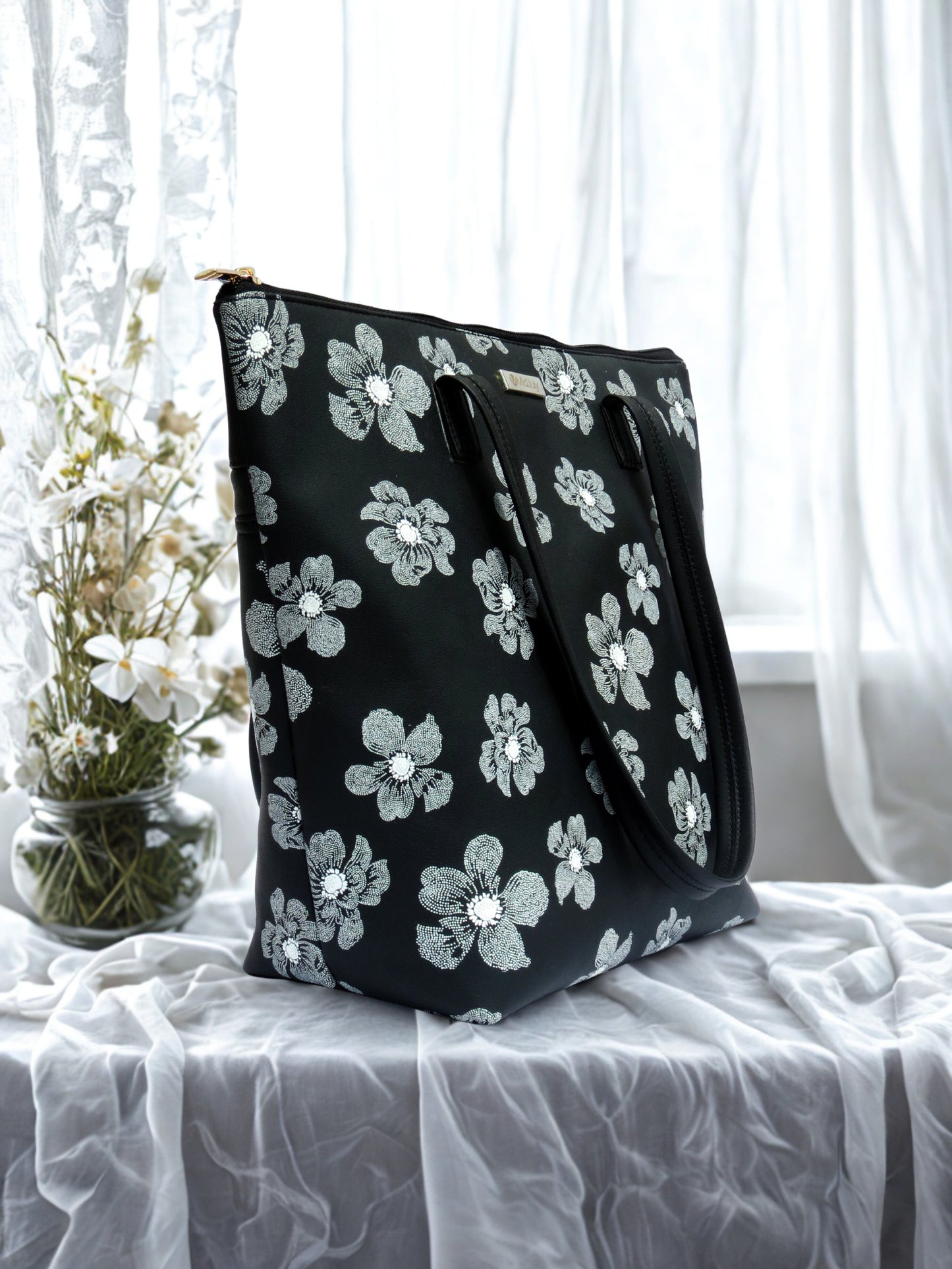 Midnight Petal Vegan Leather Printed Tote Bag