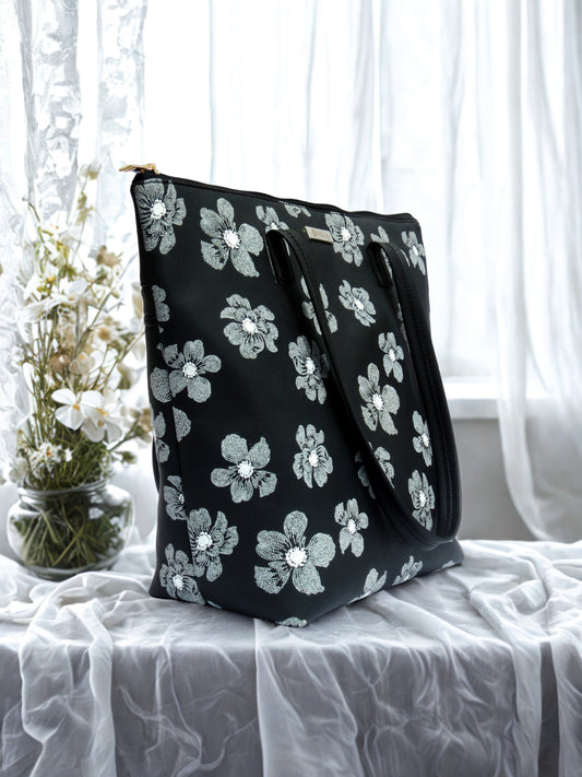 Midnight Petal Vegan Leather Printed Tote Bag